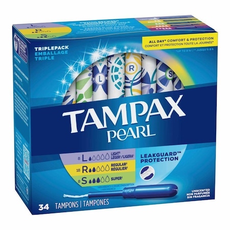 Tampax Pearl Tampon Light / Regular / Super Absorbency Plastic Applicator Individually Wrapped, 34PK 07301071133
